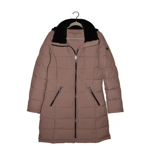 ANDREW MARC $176‎ Long Stretch Puffer Parka Jacket Hooded Purple Medium - Picture 1 of 4